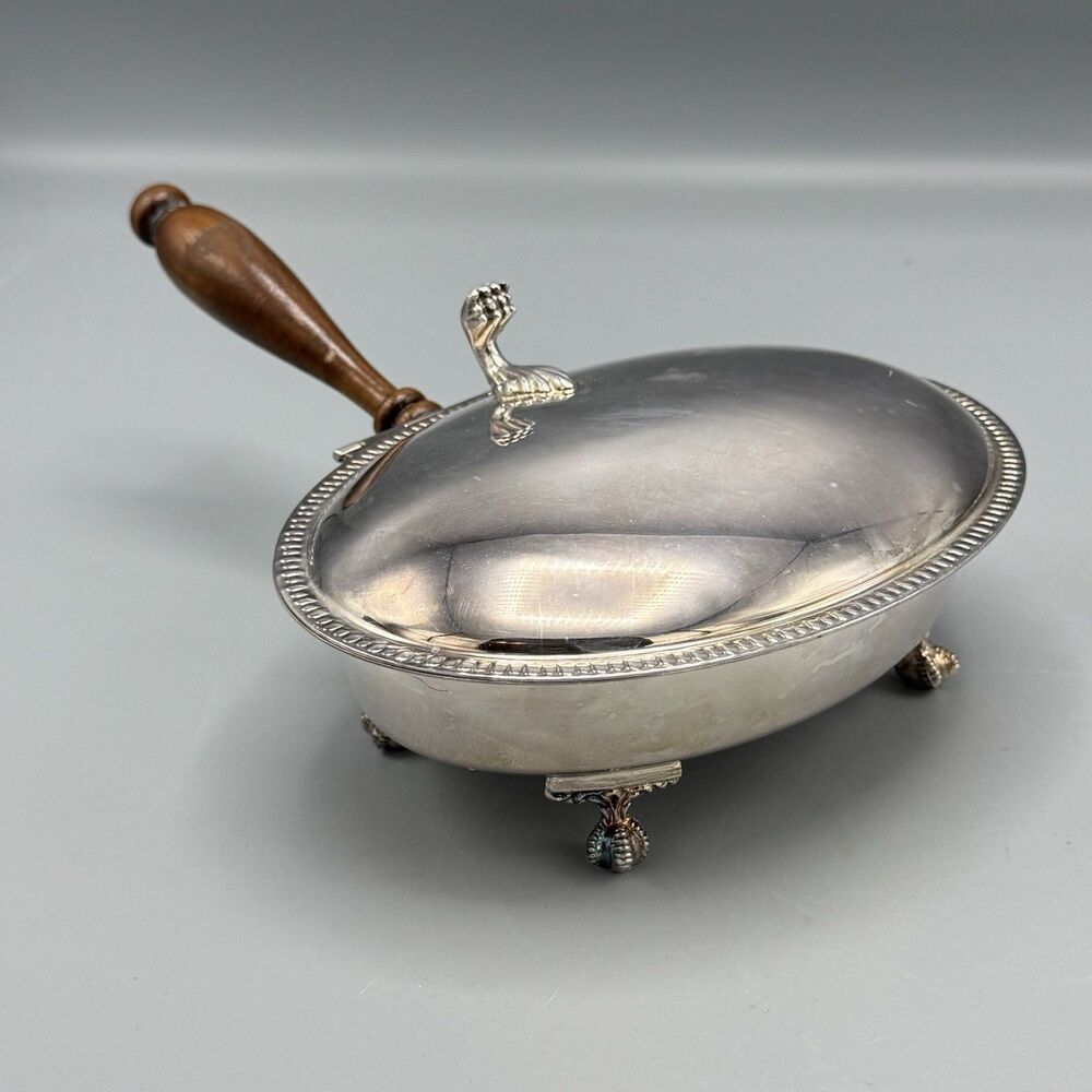Vtg Sheffield Silver USA Oval Butler Crumb Catcher Wood Handle Claw Foot Lid